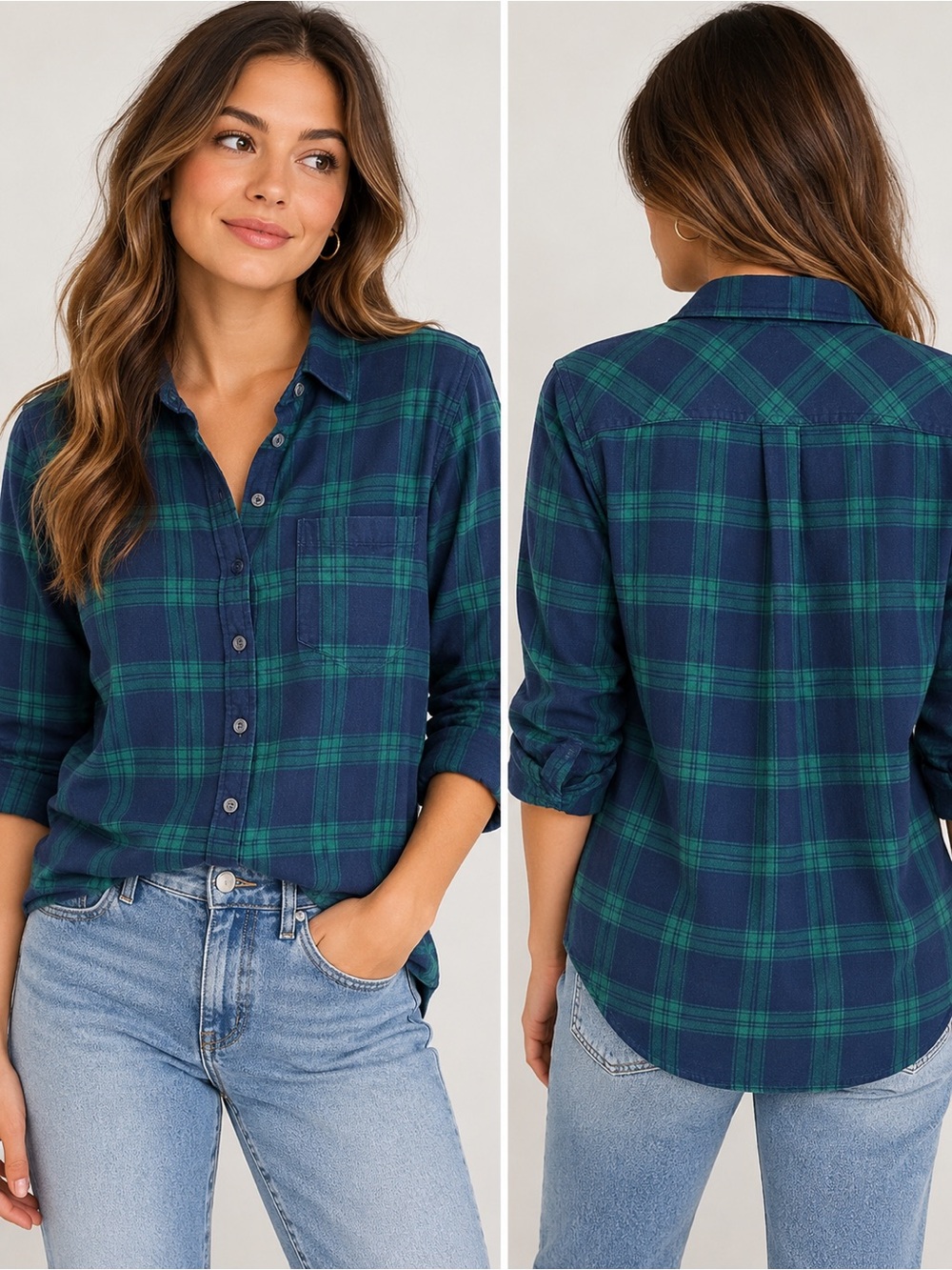 J. Crew Navy and Green Plaid Button-Down Shirt - Women